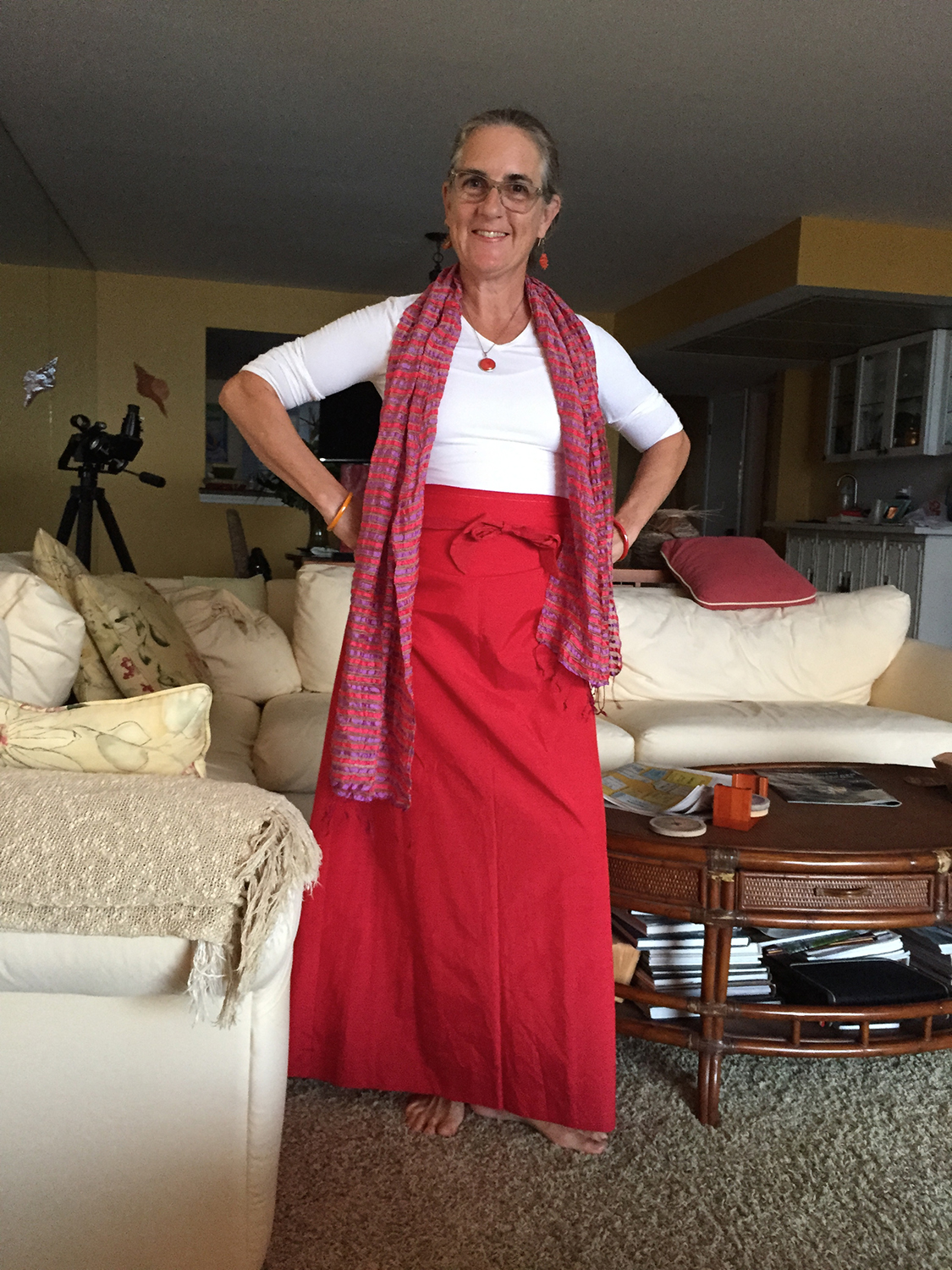 Keri Pickett in silk scarf and clothing from Myanmar